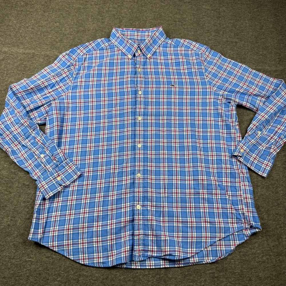 Vineyard Vines Shirt Men XL Blue Plaid Whale Button Up Long Sleeve Cotton Preppy